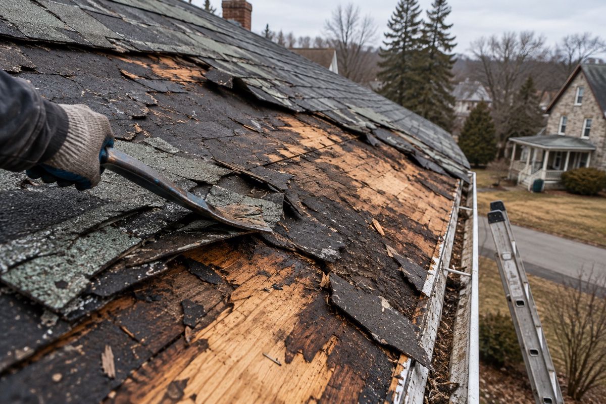 Old shingle layers peeled back to show damaged roof decking during a tear-off