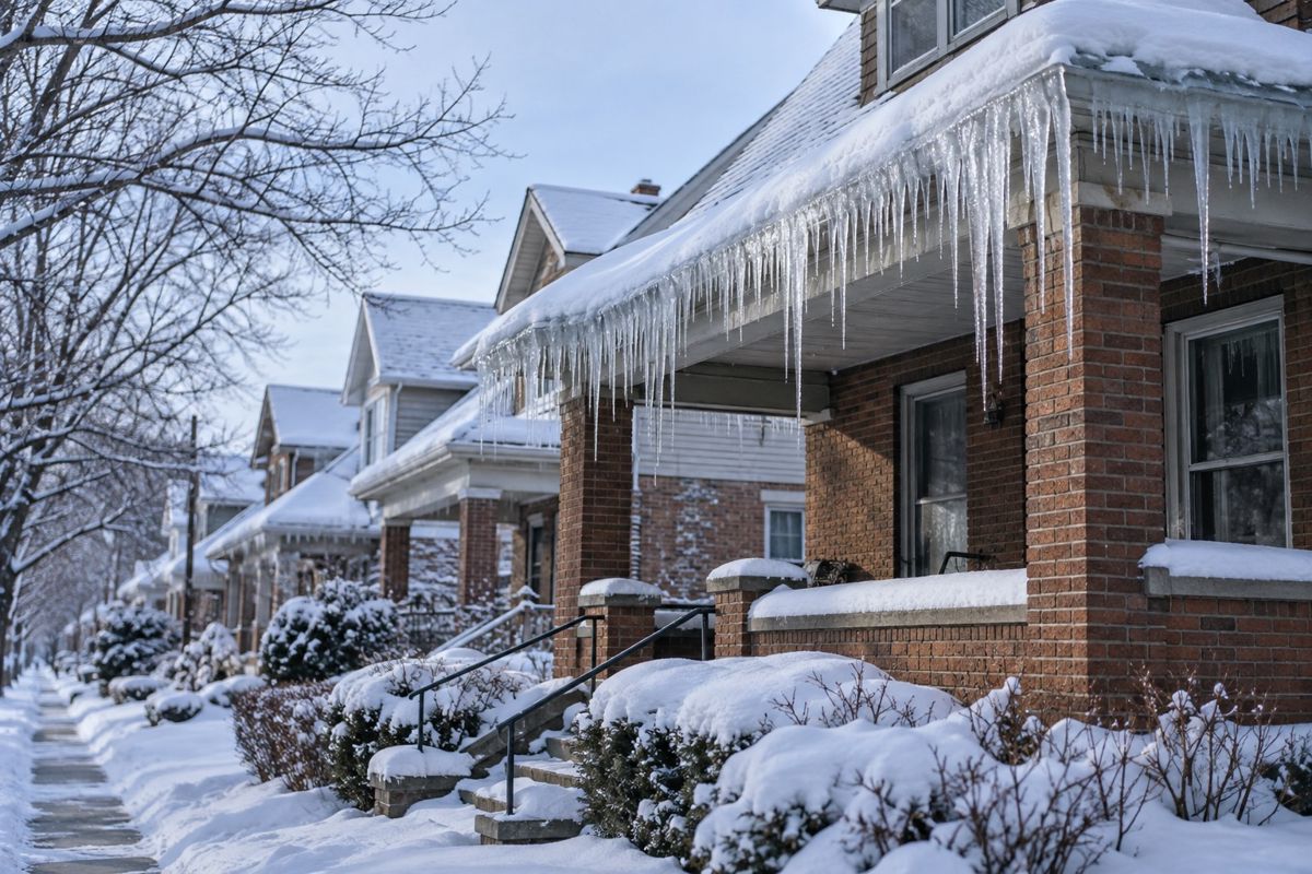 Ice buildup and icicles along the eave of a snowy Scranton roof