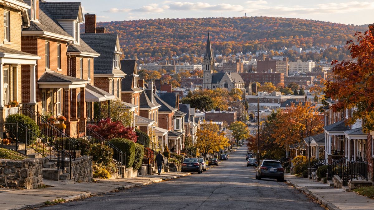 Hillside Scranton neighborhood with brick row homes and shingle roofs in autumn light