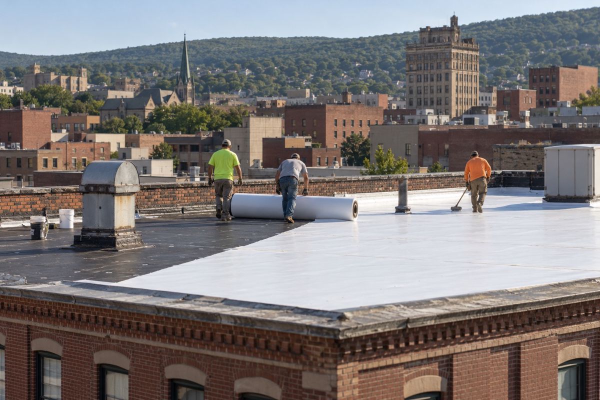 Crew installing white membrane on a flat roof of an older brick building