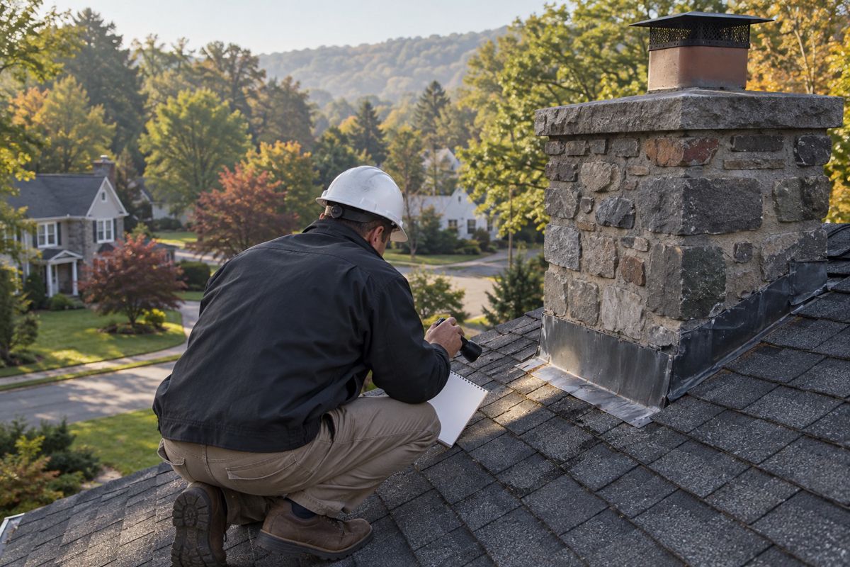 Inspector crouching on a shingle roof checking shingles and chimney flashing
