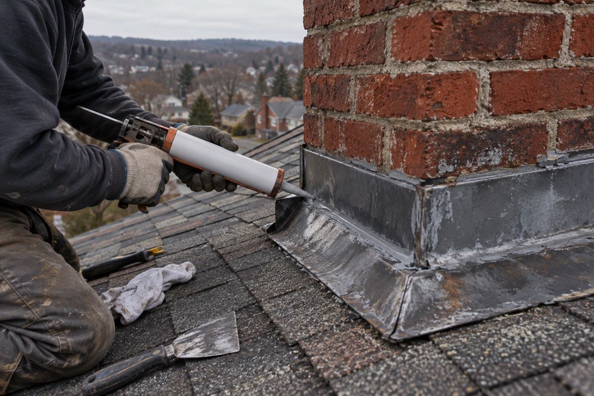Gloved hands repairing flashing around a brick chimney on a shingle roof