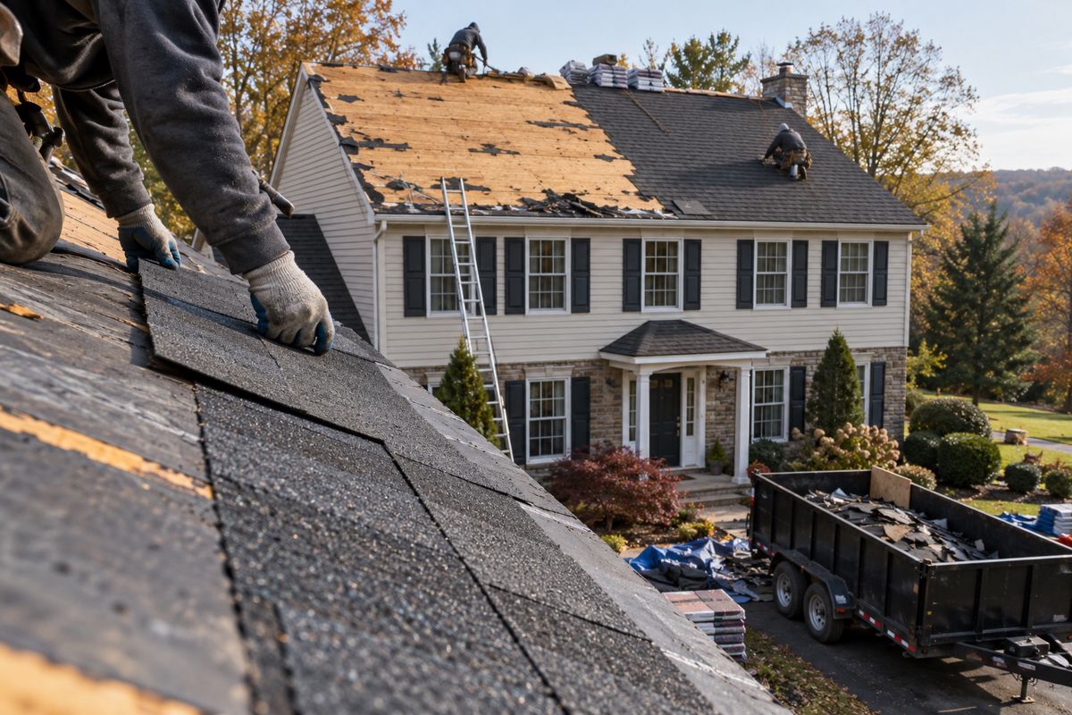 House roof half stripped to the deck and half covered in new shingles